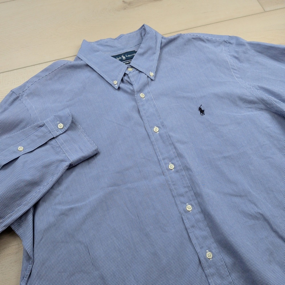 Ralph Lauren Custom Fit Gingham Check Button Down Shirt Mens XXL Blue White